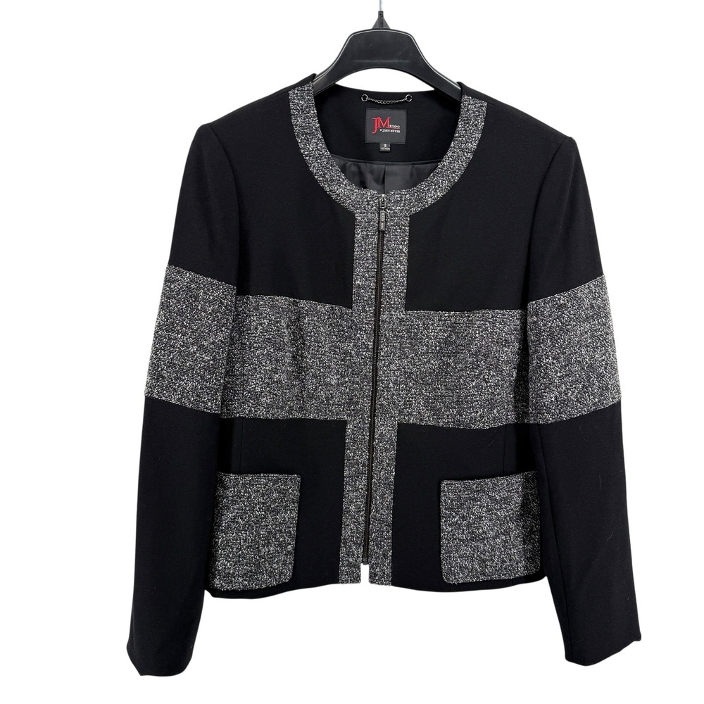 JM Studio by John Meyer Womens 16 Pre-Owned Black Tweed Trim Zip Jacket Blazer‎